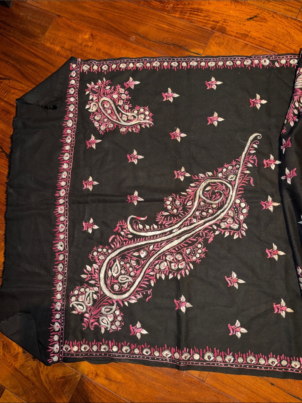 Black Paisley Embroidered Shawl with Pink Accents